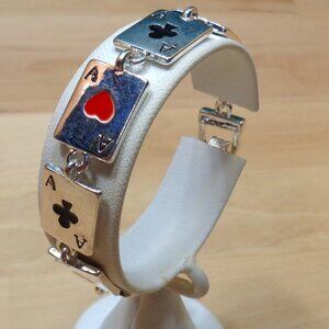RHODIUM ACE OF CLUBS AND HEARTS POKER PLAYING CARDS MAGNETIC CLASP BRACELET